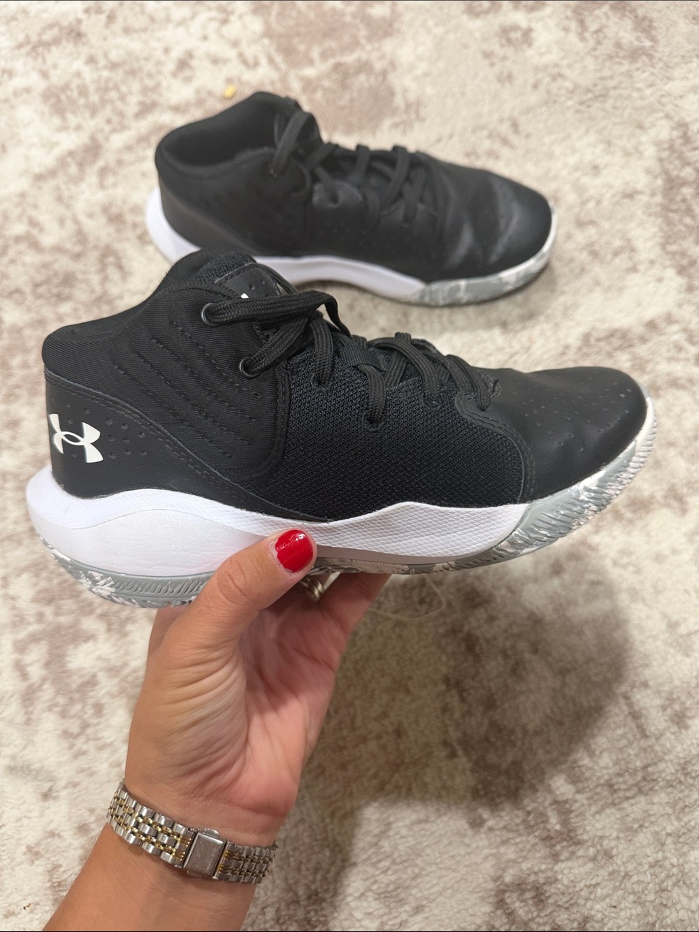 Under Armour Black & White Kids basketball Sneakers with Gray Camouflage Sole